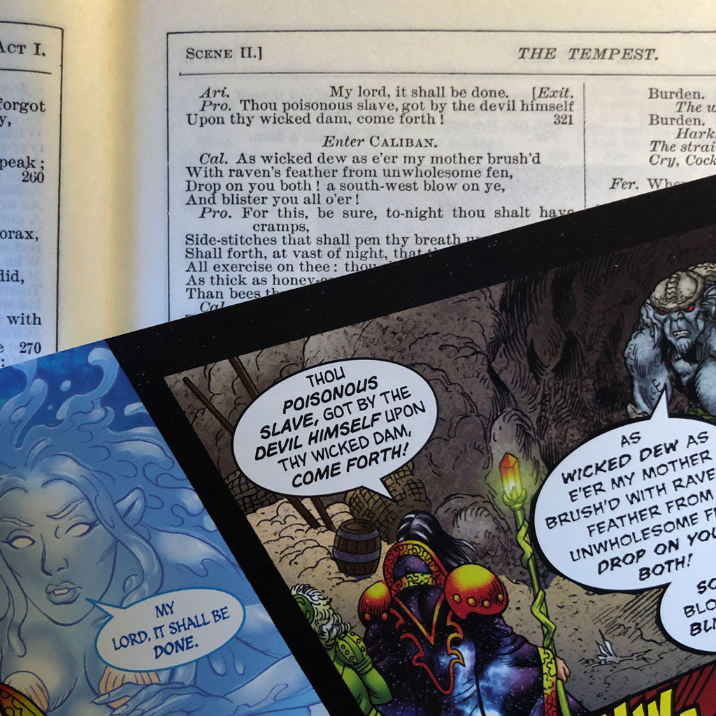 A comparison image showing a section of Act 1 Scene 2 from Shakespeare's The Tempest and a full-colour panel with the same text from Classical Comics' Original Text graphic novel.