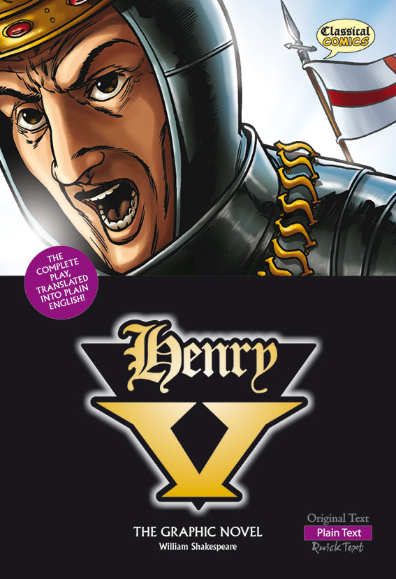 Front cover of Plain Text Henry the Fifth: The Graphic Novel showing King Henry in armour.
