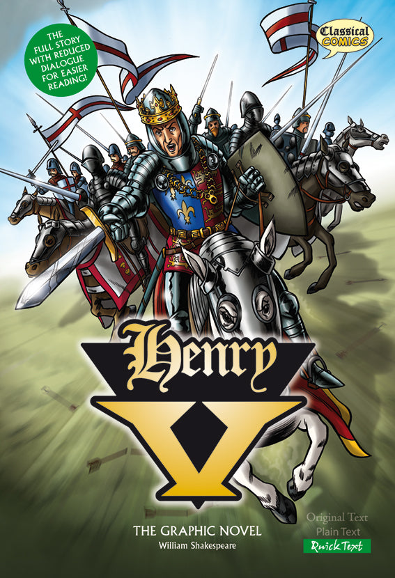 Front cover of Quick Text Henry the Fifth: The Graphic Novel showing King Henry and his army charging on horseback into battle.