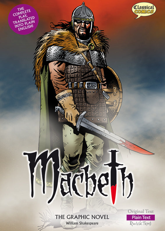Front cover of Plain Text Macbeth: The Graphic Novel showing Macbeth standing alone in a misty battlefield. His sword is bloody.