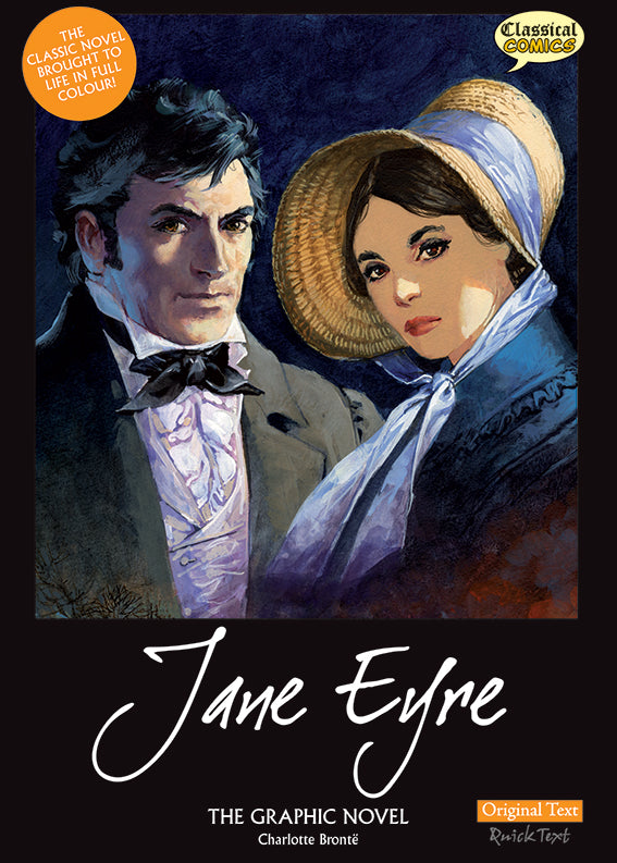 Front cover of Original Text Jane Eyre: The Graphic Novel showing main characters Jane and Mr Rochester.