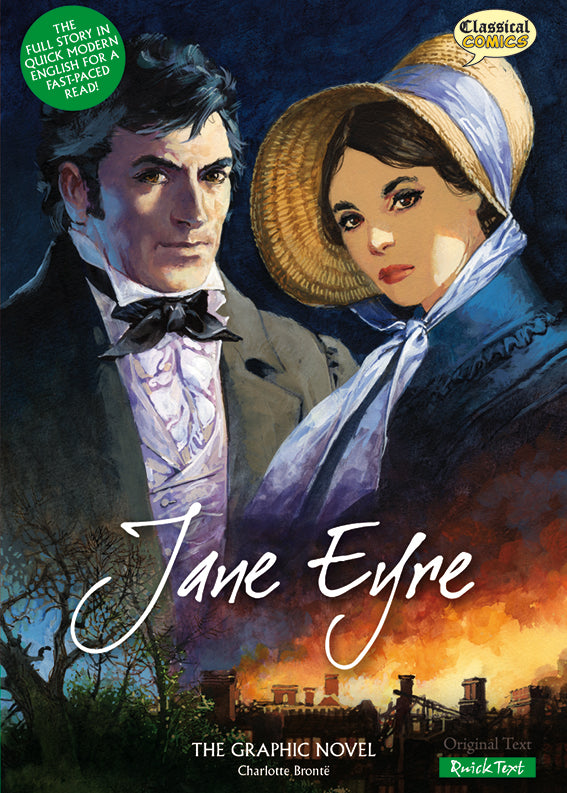 Front cover of Quick Text Jane Eyre: The Graphic Novel showing main characters Jane and Mr Rochester.