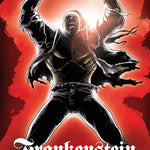 Front cover of Quick Text Frankenstein: The Graphic Novel showing the monster in a ripped shirt shouting with his arms in the air.