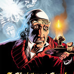 Front cover of Quick Text A Christmas Carol: The Graphic Novel showing Ebenezer Scrooge holding a candle. The 4 ghosts are behind him.