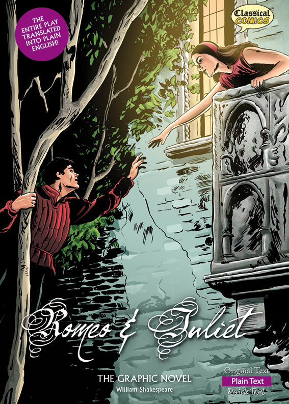 Front cover of Plain Text Romeo and Juliet: The Graphic Novel showing Romeo and Juliet reaching out to each other. Juliet is on her balcony. Romeo is in a tree.