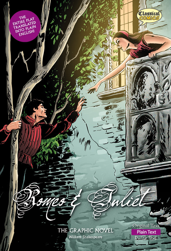 Front cover of Plain Text Romeo and Juliet: The Graphic Novel showing Romeo and Juliet reaching out to each other. Juliet is on her balcony. Romeo is in a tree.