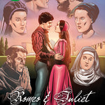 Front cover of Quick Text Romeo and Juliet: The Graphic Novel showing Romeo and Juliet loooking lovingly at each other. Images of their fueding families and the friar surround them.