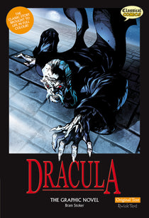 Front cover of Original Text Dracula: The Graphic Novel showing a bony Dracula in a flowing robe crawling up a wall.