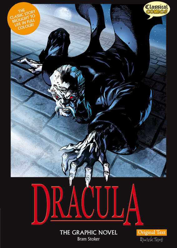 Front cover of Original Text Dracula: The Graphic Novel showing a bony Dracula in a flowing robe crawling up a wall.