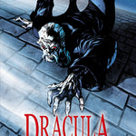Front cover of Quick Text Dracula: The Graphic Novel showing a bony Dracula in a flowing robe crawling up a wall.