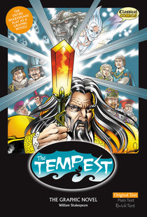 Front cover of Original Text The Tempest: The Graphic Novel showing Prospero holding his magic staff in the foreground. Other cast members are shown behind him.