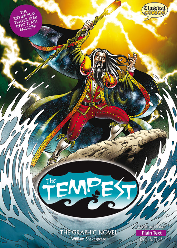 Front cover of Plain Text The Tempest: The Graphic Novel showing Prospero standing on a rock and holding his staff in the air. The Tempest rages beneath him.