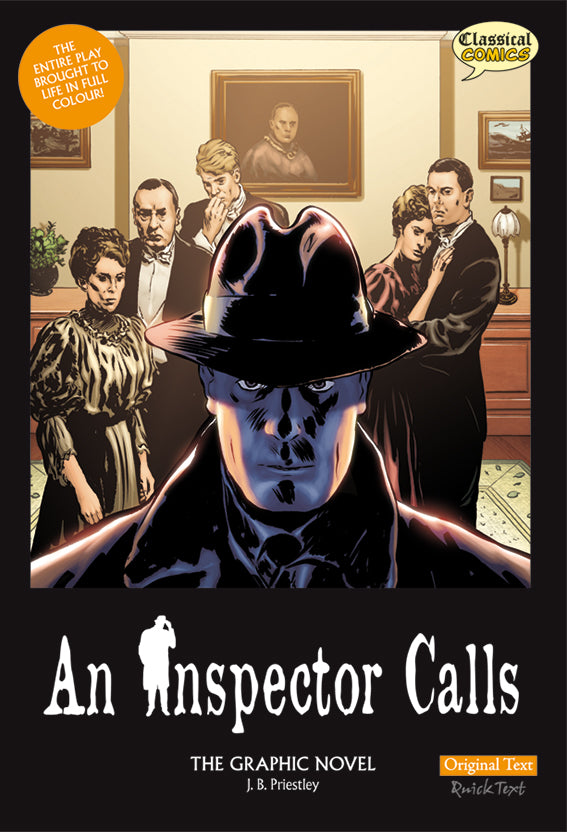 Front cover of Original Text An Inspector Calls: The Graphic Novel showing the Birling family standing behind the inspector.