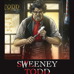 Front cover of Original Text Sweeney Todd: The Graphic Novel showing Sweeney Todd outside his barber shop with a razor in his hand.