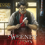 Front cover of Quick Text Sweeney Todd: The Graphic Novel showing Sweeney Todd outside his barber shop with a razor in his hand.