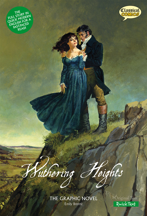 Front cover of Quick Text Wuthering Heights: The Graphic Novel showing Heathcliffe and Cathy on the moors.