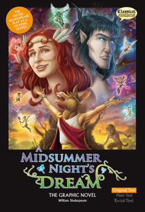 Front cover of Original Text A Midsummer Night's Dream: The Graphic Novel showing Bottom as a donkey. Oberon, Titania, Puck and the fairies are in the background. 