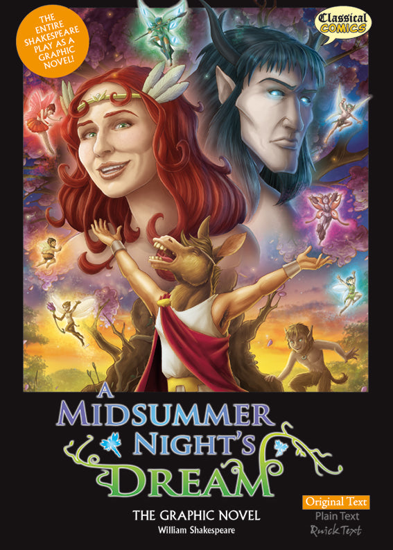 Front cover of Original Text A Midsummer Night's Dream: The Graphic Novel showing Bottom as a donkey. Oberon, Titania, Puck and the fairies are in the background. 
