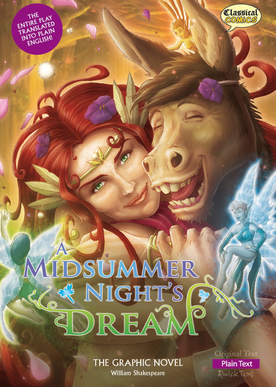 Front cover of Plain Text A Midsummer Night's Dream: The Graphic Novel showing Bottom as a donkey with Queen of the fairies, Titania.