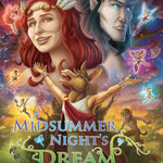 Front cover of Quick Text A Midsummer Night's Dream: The Graphic Novel showing Bottom as a donkey. Oberon, Titania, Puck and the fairies are in the background. 