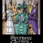 Front cover of Original Text The Importance of Being Earnest: The Graphic Novel showing a seated well dressed Lady Bracknell, surrounded by Cecily, Algernon, Jack, Gwendolen and the dog.