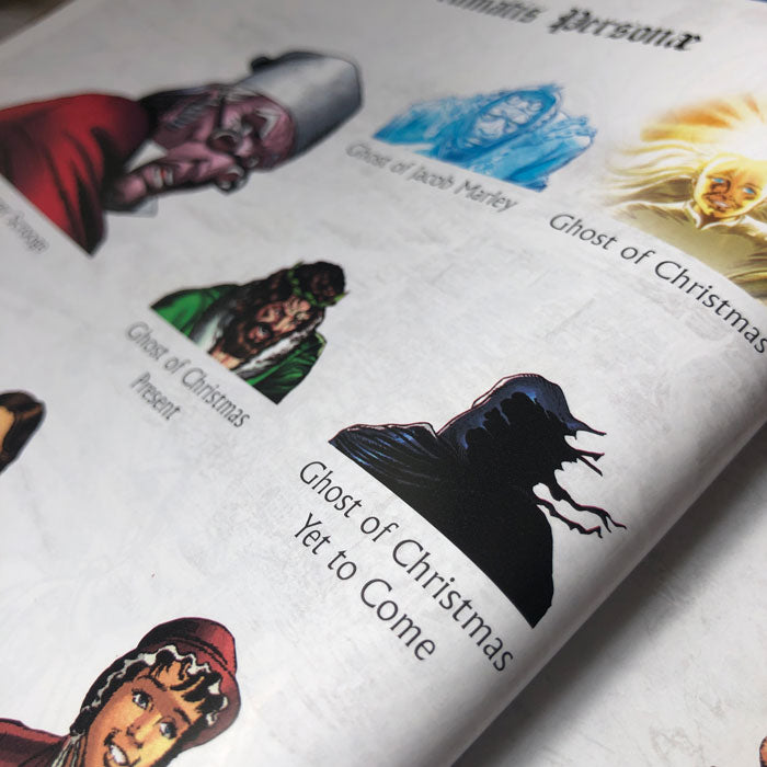 A close up image of the Dramatis Personae showing various characters from A Christmas Carol The Graphic Novel.