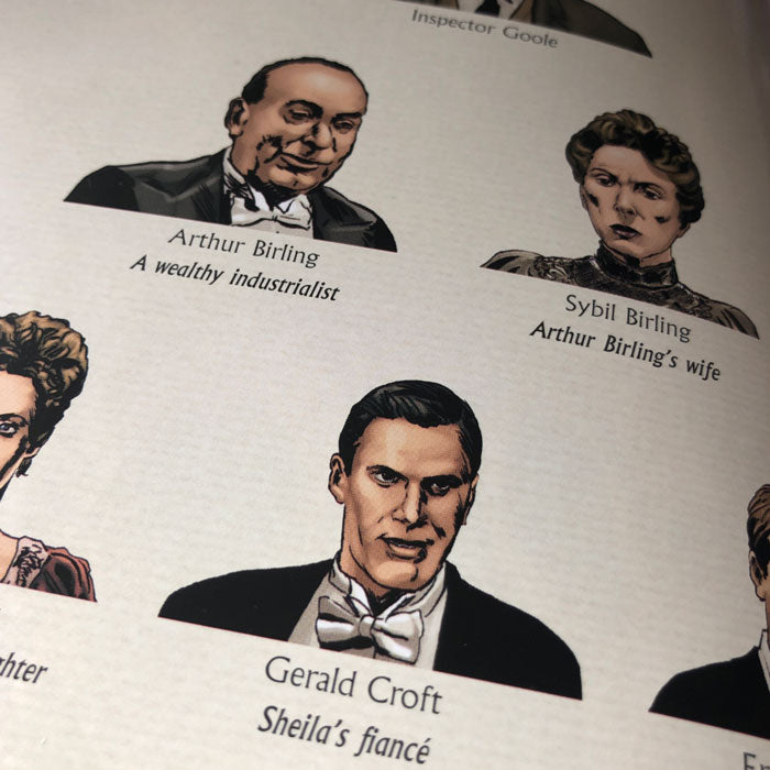 A close up image of the Dramatis Personae showing various characters from An Inspector Calls.