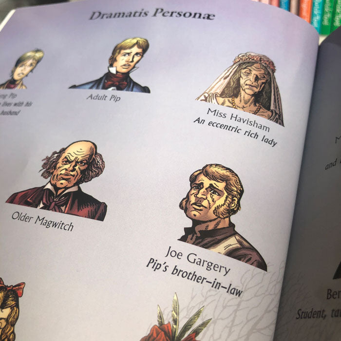 A close up image of the Dramatis Personae showing various characters from Great Expectations.
