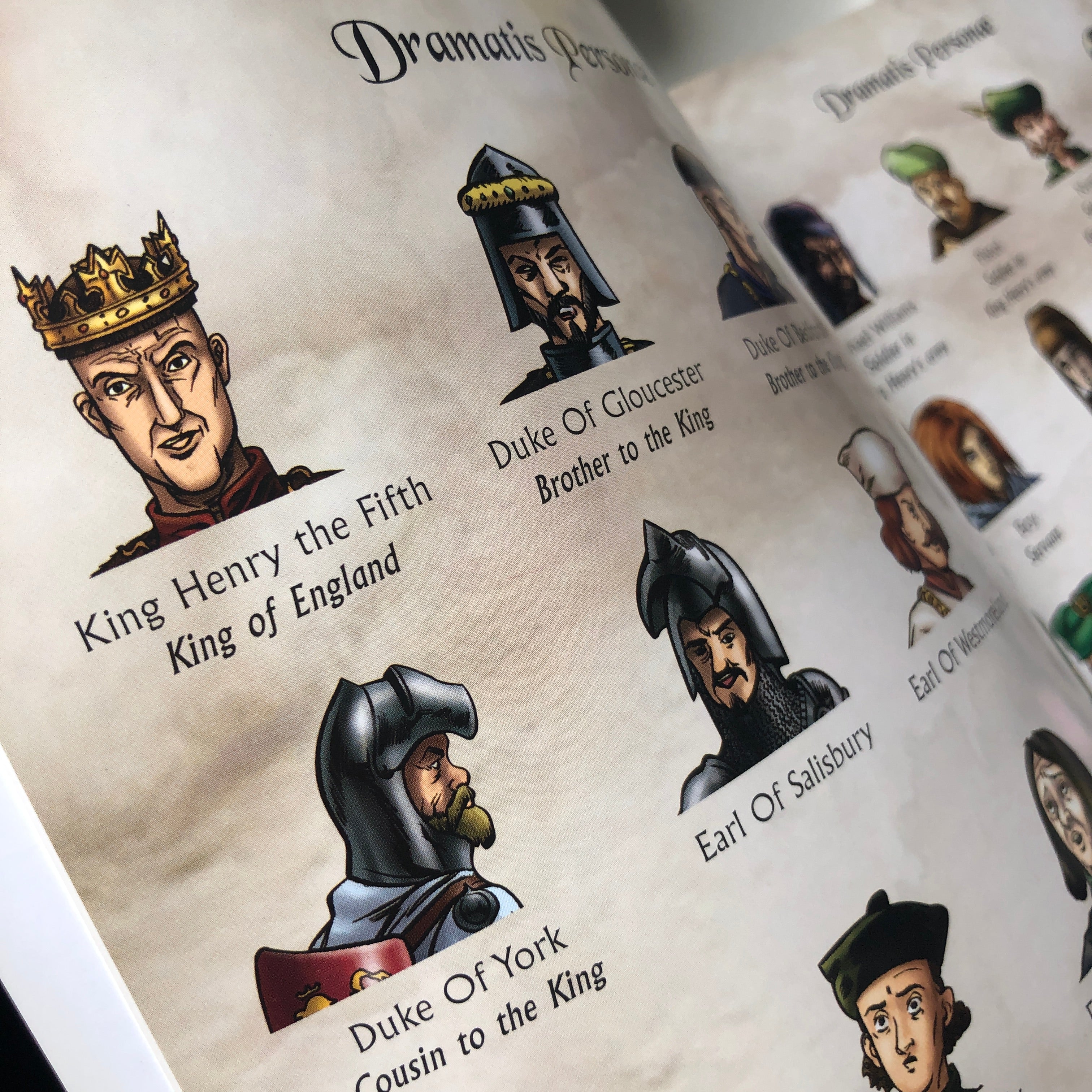A close up image of the Dramatis Personae showing various characters from Henry the Fifth.