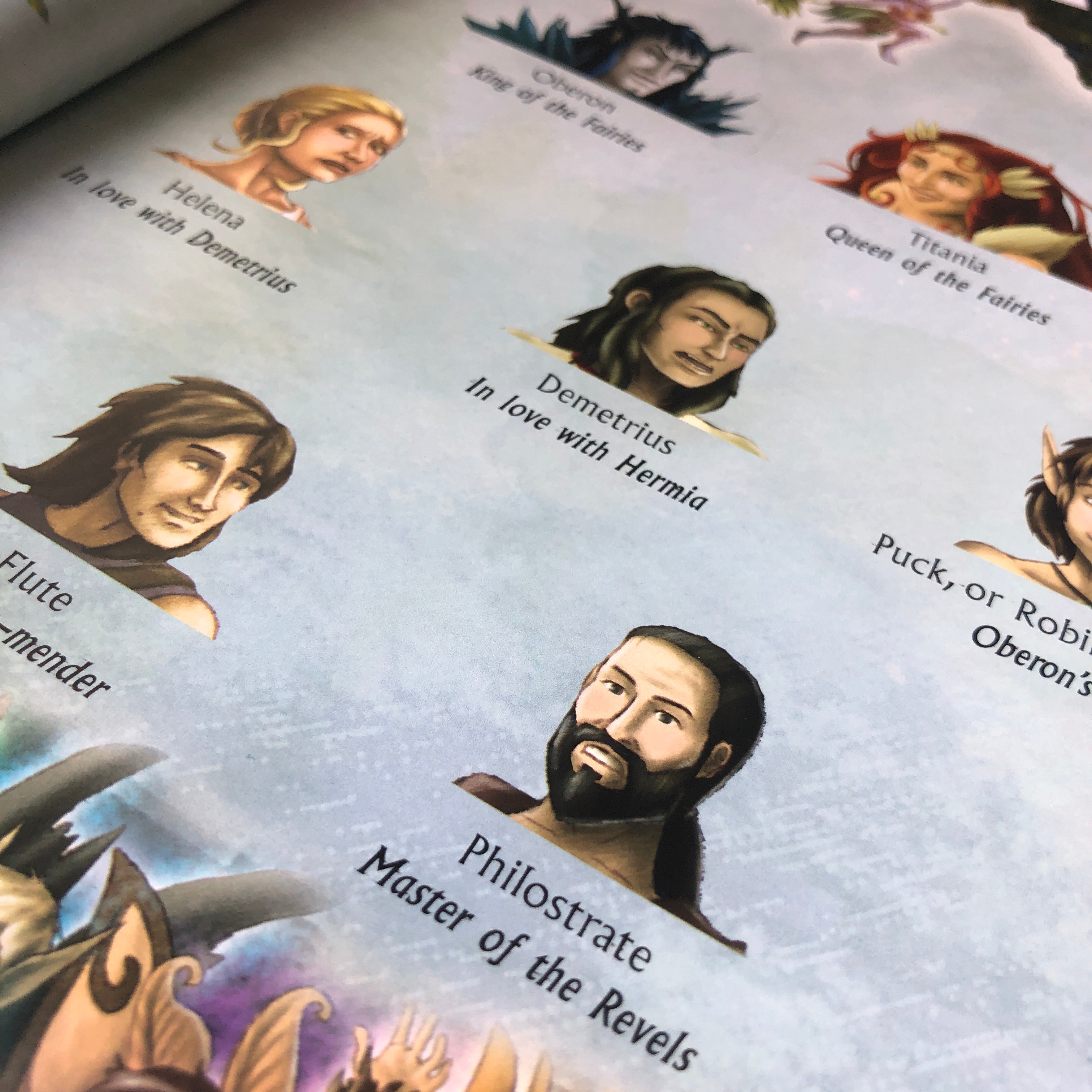 A close up image of the Dramatis Personae showing various characters from A Midsummer Night's Dream.