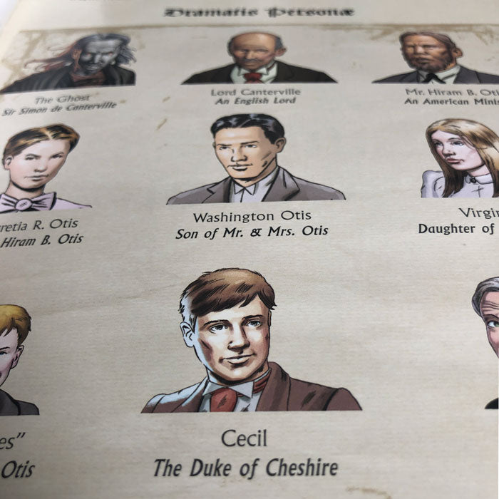 A close up image of the Dramatis Personae showing various characters from The Canterville Ghost.