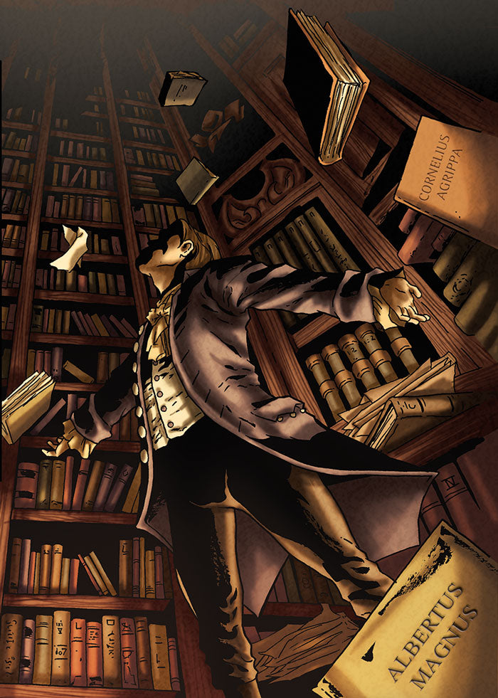 Doctor Frankenstein in a library surrounded by lots of books.