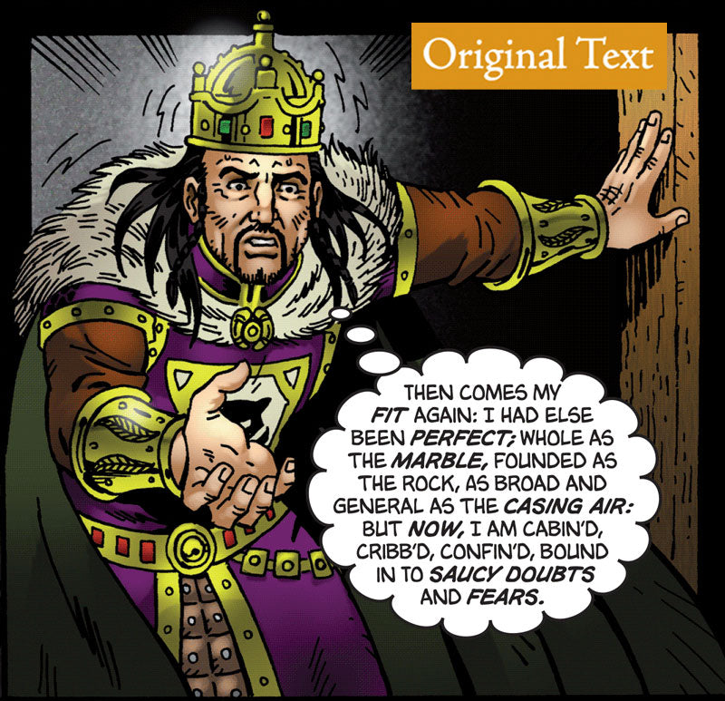 A panel from the Original Text version of Macbeth the graphic novel. The text is the original script.