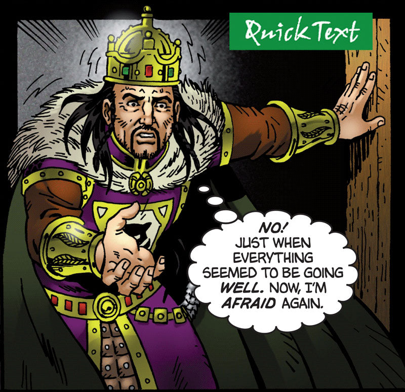 A panel from the Quick Text version of Macbeth the graphic novel. The text is reduced and simplified dialogue.