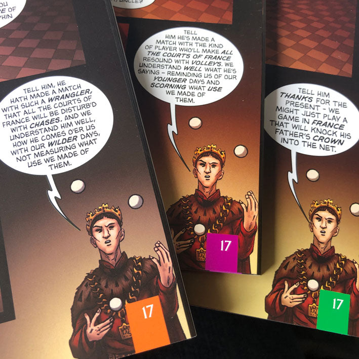 Three panels from three versions of Henry the Fifth graphic novels showing the difference in dialogue.