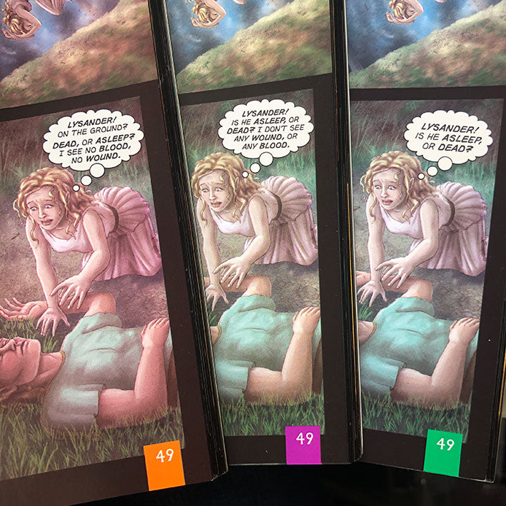Three panels from three versions of A Midsummer Night's Dream graphic novels showing the difference in dialogue.