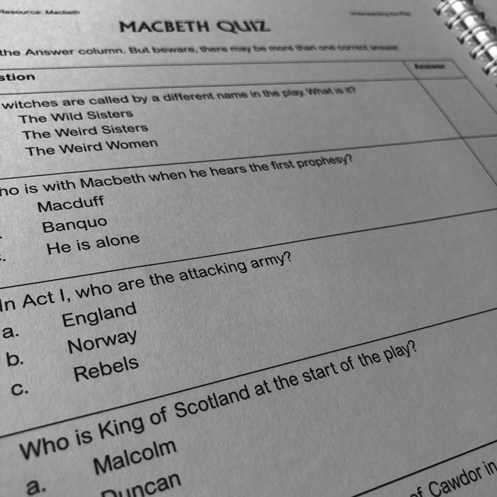 A close up of an interior page from Macbeth Teaching Resource Pack.