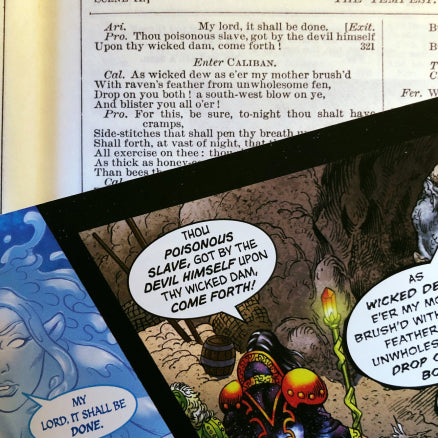 A comparison image showing a section of Act 1 Scene 2 from Shakespeare's The Tempest and a full-colour panel with the same text from Classical Comics' Original Text graphic novel.