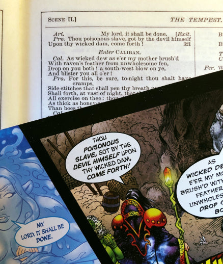 A comparison image showing a section of Act 1 Scene 2 from Shakespeare's The Tempest and a full-colour panel with the same text from Classical Comics' Original Text graphic novel.