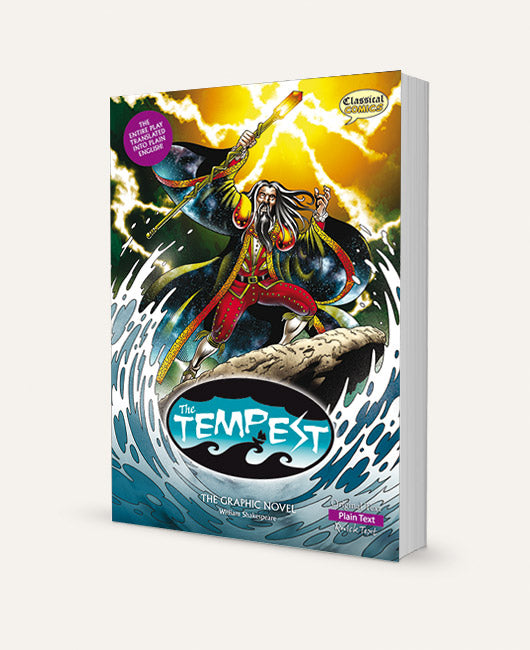 A three-dimensional book showing the Plain Text version of A The Tempest The Graphic Novel