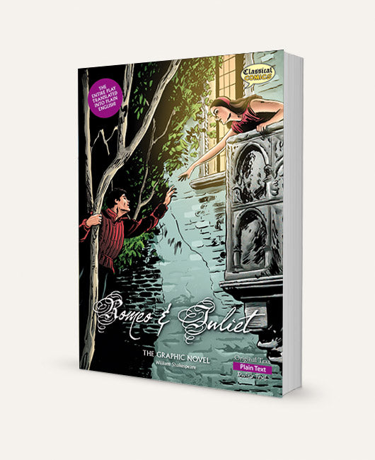 A three-dimensional book showing the Plain Text version of Romeo & Juliet The Graphic Novel