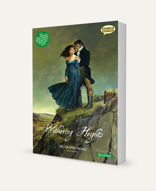 A three-dimensional book showing the Quick Text version of Wuthering Heights The Graphic Novel