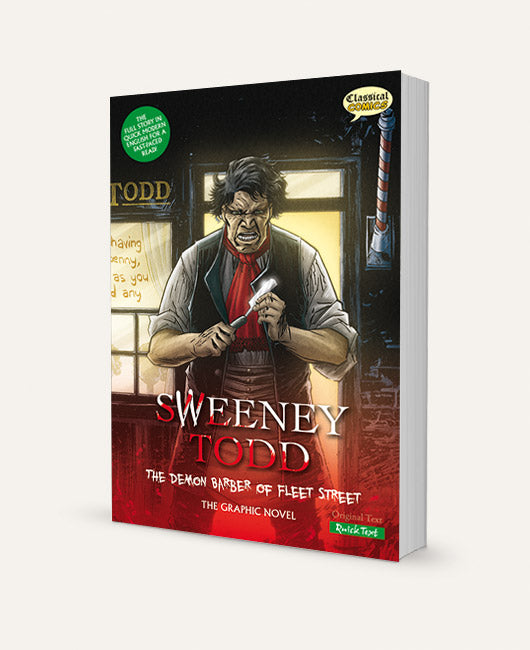 A three-dimensional book showing the Quick Text version of Sweeney Todd The Graphic Novel