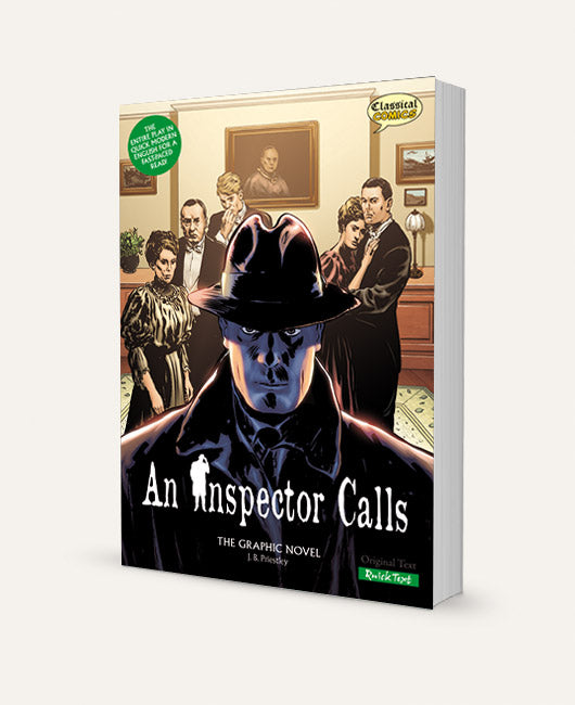 A three-dimensional book showing the Quick Text version of An Inspector Calls The Graphic Novel
