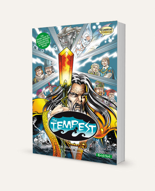 A three-dimensional book showing the Quick Text version of The Tempest The Graphic Novel