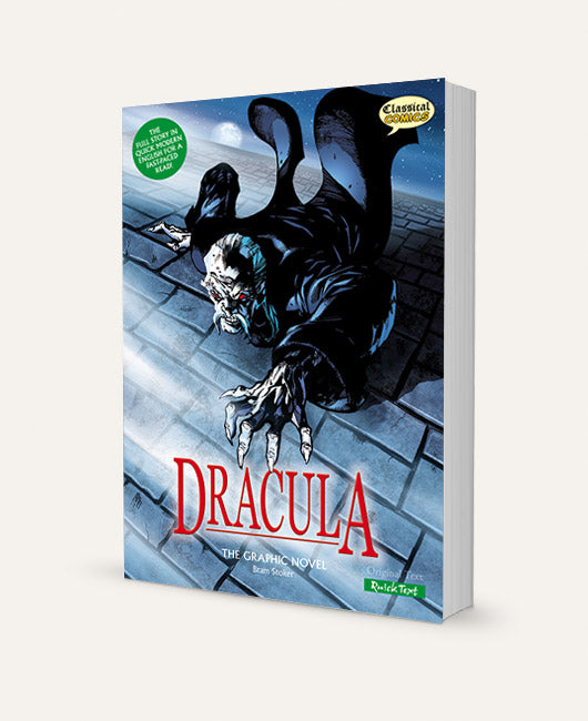 A three-dimensional book showing the Quick Text version of Dracula The Graphic Novel