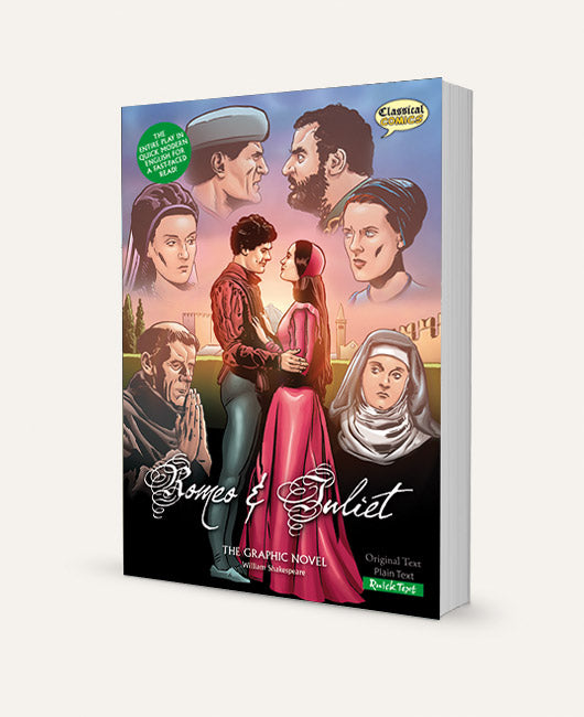 A three-dimensional book showing the Quick Text version of Romeo & Juliet The Graphic Novel