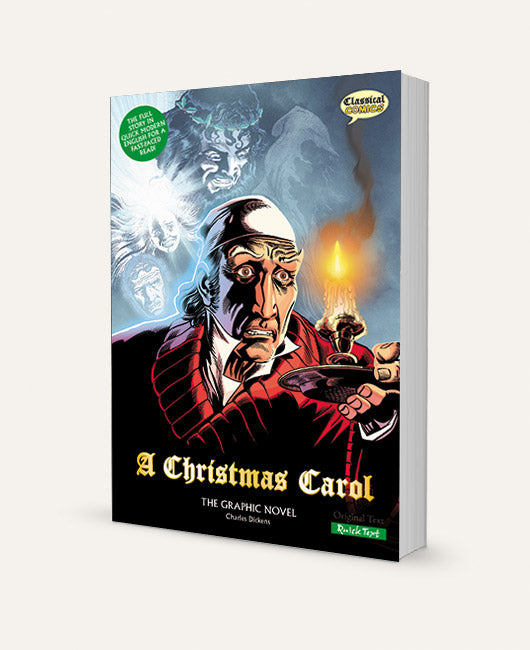 A three-dimensional book showing the Quick Text version of A Christmas Carol The Graphic Novel