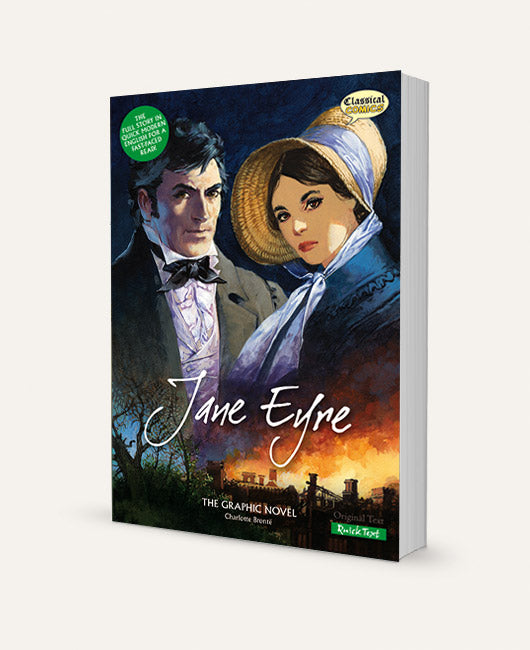 A three-dimensional book showing the Quick Text version of Jane Eyre The Graphic Novel