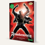 A three-dimensional book showing the Quick Text version of Frankenstein The Graphic Novel